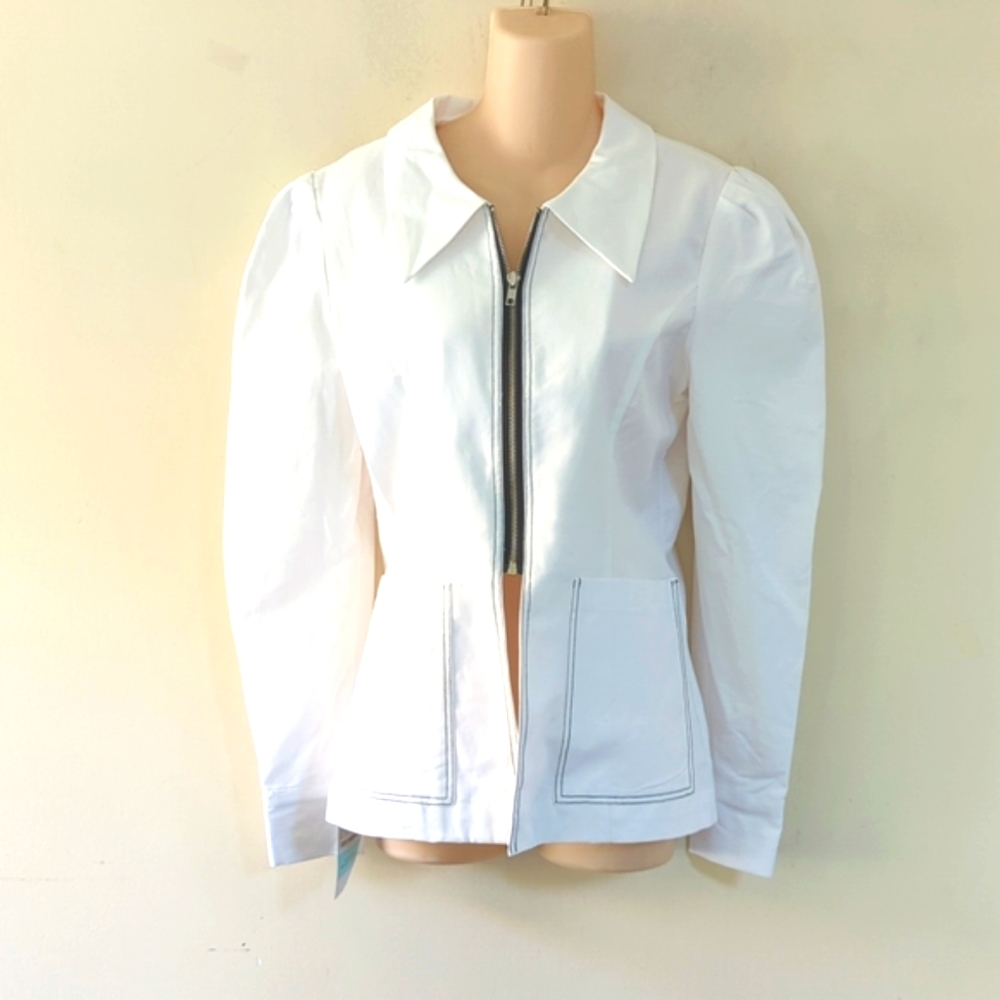 Storets Elise Contrast Stitch Puffed Sleeve Zip Up Jacket